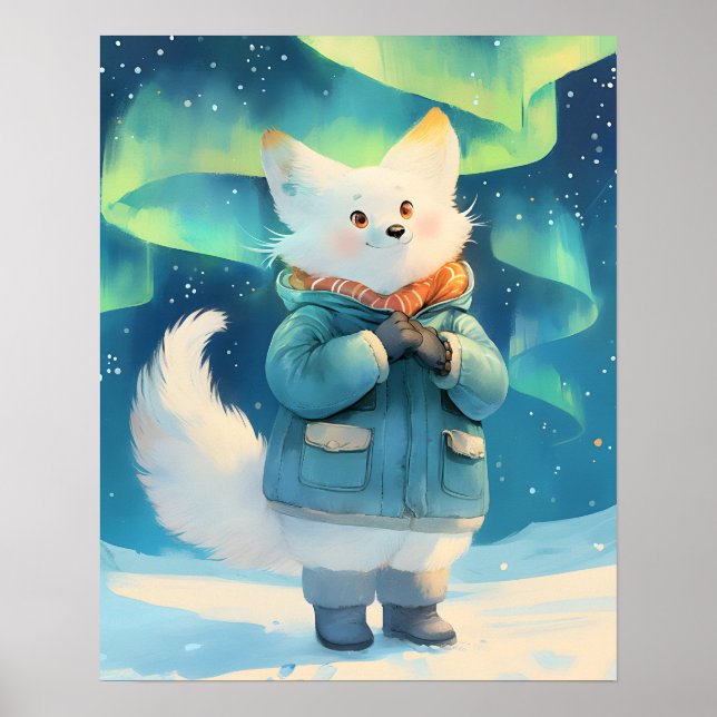 Póster Arctic Fox With Aurora Borealis Nursery Wall Art  (Frente)