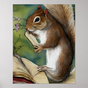 Póster Ardilla acuarela leyendo un libro
