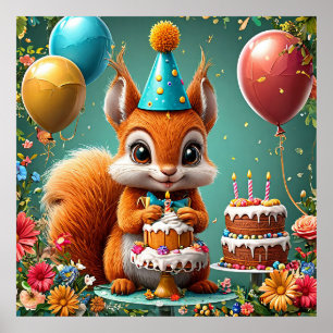 Póster Ardilla adorable celebrando cumpleaños