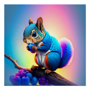 Póster Ardilla Azul Comiendo Una Fruta-323232