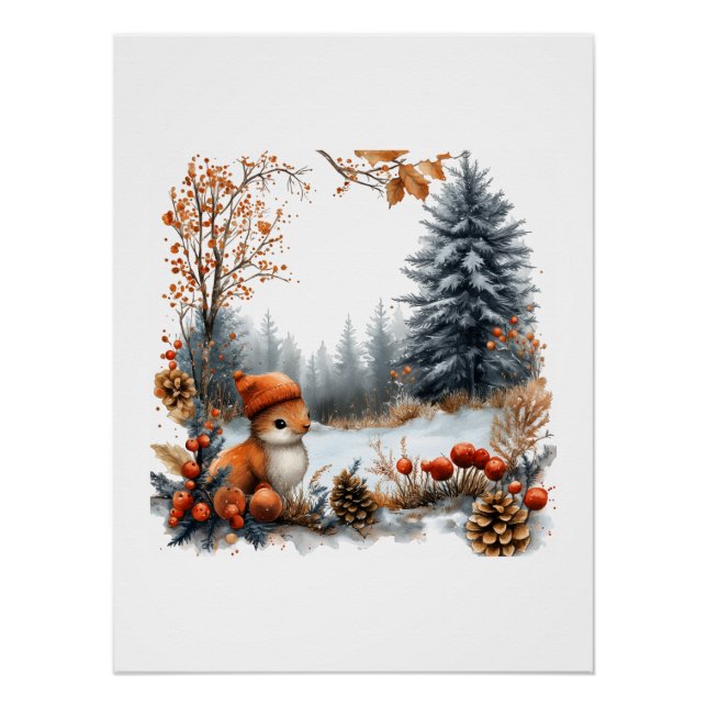 Póster Ardilla de invierno en bosque escarchado (Anverso)