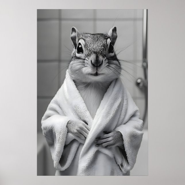 Póster Ardilla en bata Imprimir, divertido pared baño (Frente)