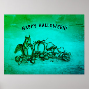Póster ardilla en otoño, ¡Feliz Halloween!