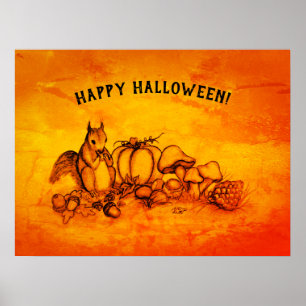 Póster ardilla en otoño, ¡Feliz Halloween!