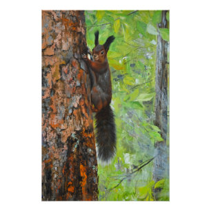 Póster Ardilla en pino – Pintura al óleo realista