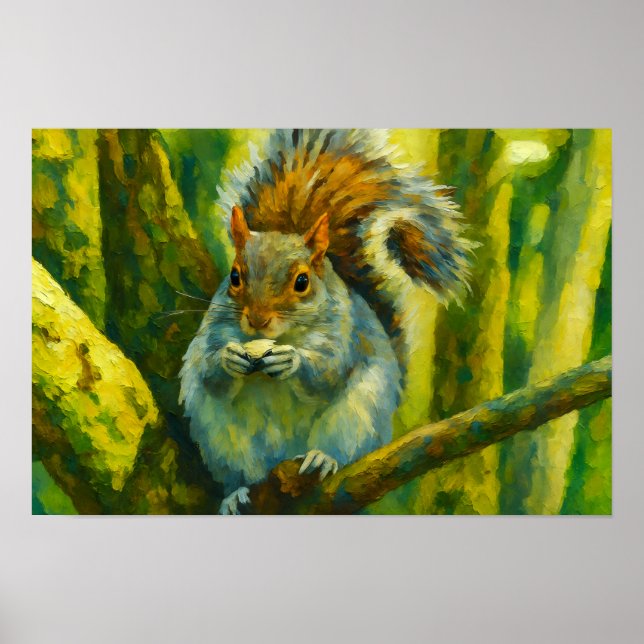 Póster ardilla impresionista en follaje forestal (Frente)