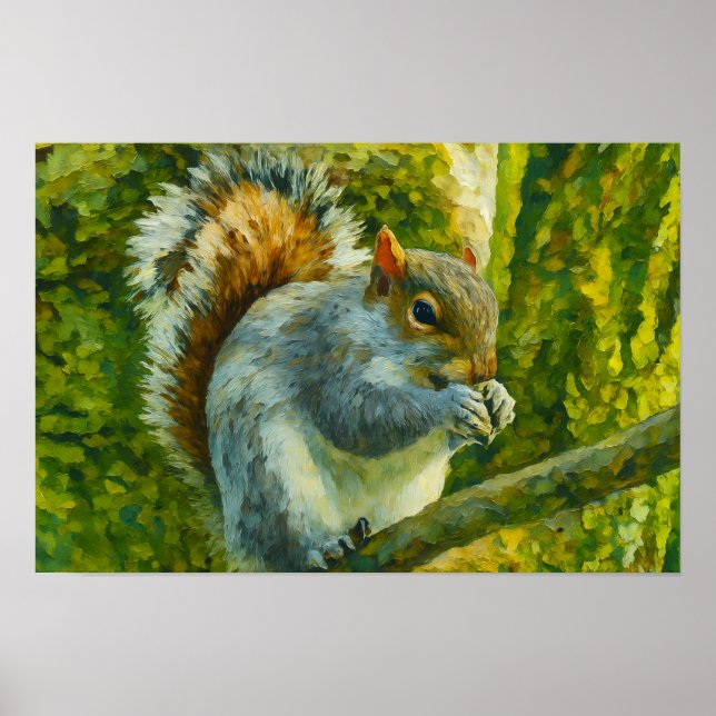 Póster ardilla impresionista en follaje forestal (Frente)