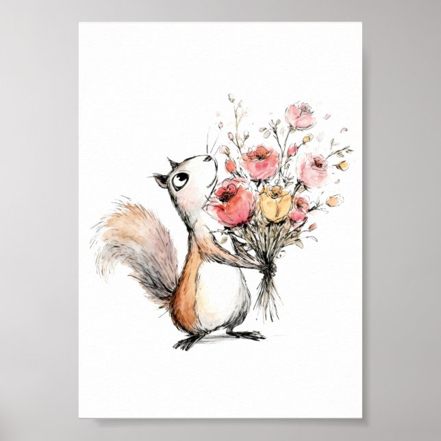 Póster Ardilla linda con ramo de flores (Frente)