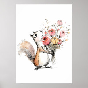 Póster Ardilla linda con ramo de flores
