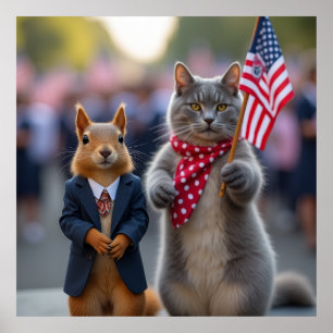 Póster ardilla patriótica y gato