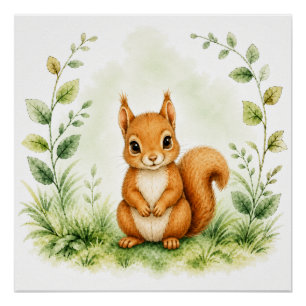Póster Ardilla Roja Botánica Adorable Fauna y Flora Acuar