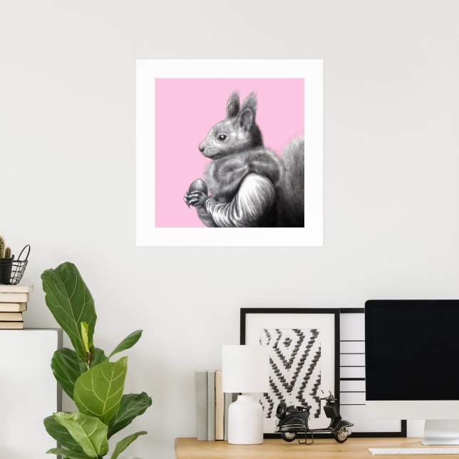 Póster Ardilla roja con espátula de pieles de ardilla gri (Oficina en casa)