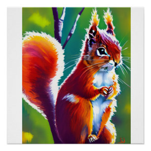 Póster Ardilla Roja Sentada en la Rama en un Bosque