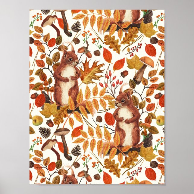 Póster ardillas de otoño y flora otoñal sobre blanco apag (Frente)