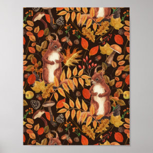 Póster Ardillas otoñales y flora sobre marrón oscuro