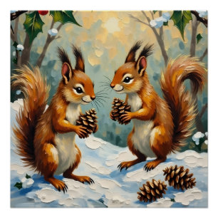 Póster Ardillas Vintage Recogiendo Piñas de Navidad