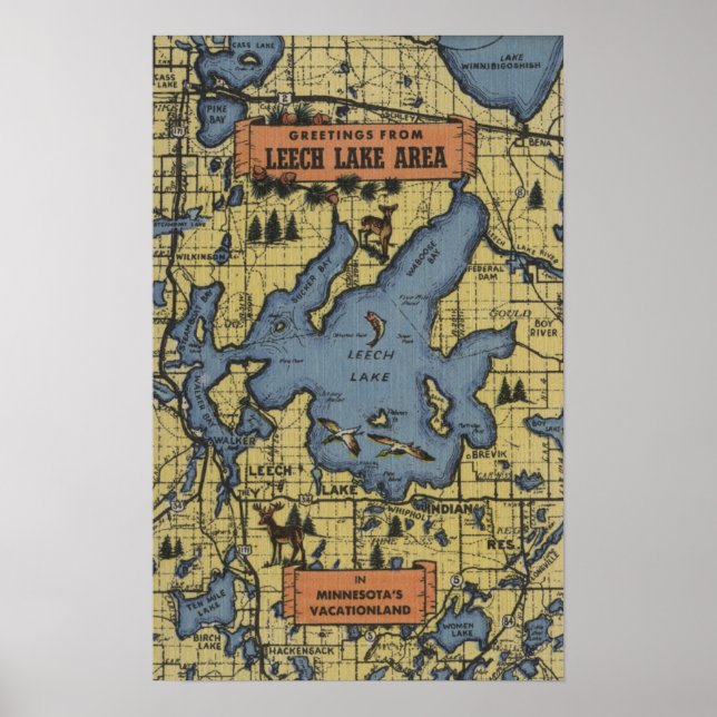 Póster Área del lago Leech, Minnesota - Escenas de letras (Frente)