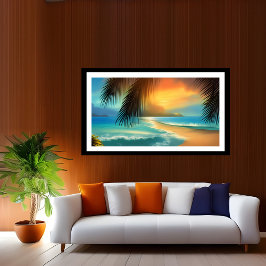 Póster Arena de playa tropical con árboles de palma Poste