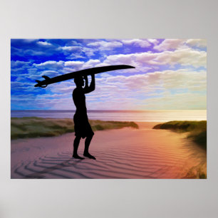 Póster Arena y nubes de la persona que practica surf de