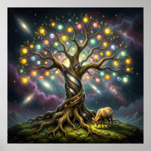 Póster Aries y Árbol de la Vida entre Estrellas y Galaxia