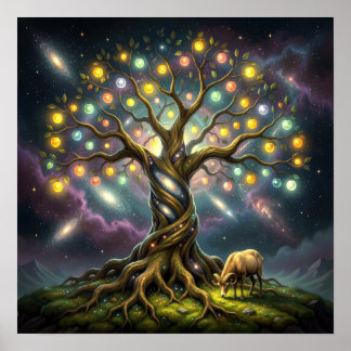 Póster Aries y Árbol de la Vida entre Estrellas y Galaxia