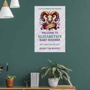 Póster Aries Zodíaco Baby Shower Lavanda y Verde