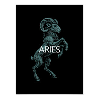 Póster Aries Zodíaco – Carnero Vintage en Verde Azul sobr