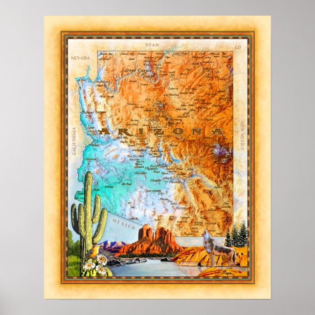 Póster "Arizona Map" "Arizona Art" (Frente)