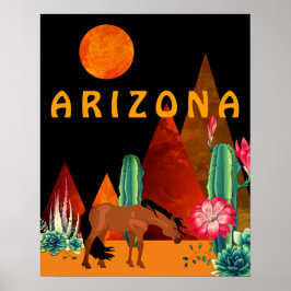 Póster Arizona ~ Montañas, desierto, caballo y luna llena