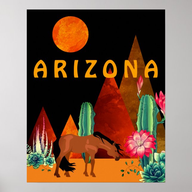 Póster Arizona ~ Montañas, desierto, caballo y luna llena (Frente)