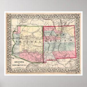Póster Arizona New Mexico Map 1867