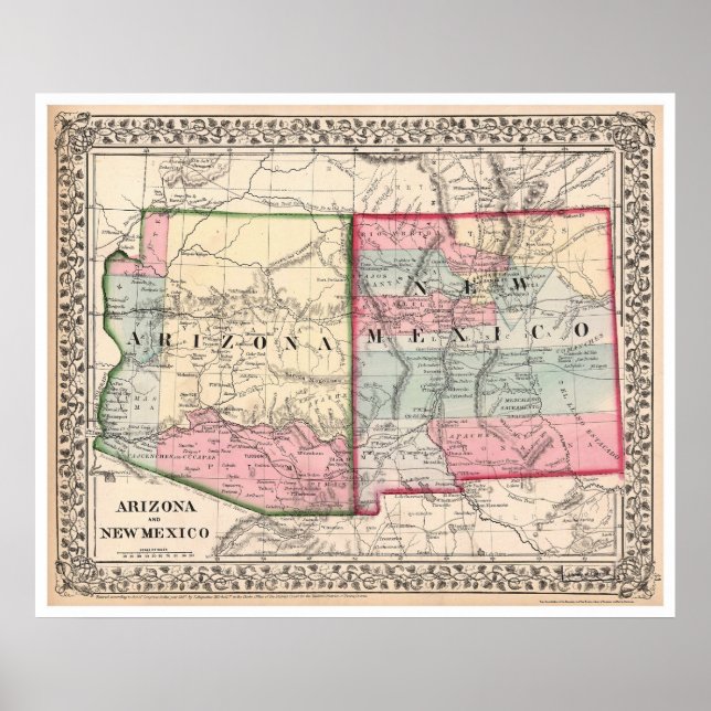 Póster Arizona New Mexico Map 1867 (Frente)