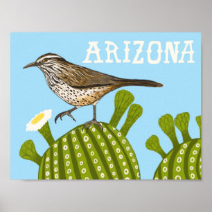 Póster Arizona Saguaro Cactus Wren Cute Bird Naturaleza