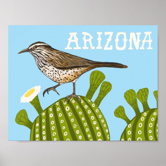 Póster Arizona Saguaro Cactus Wren Cute Bird Naturaleza (Frente)