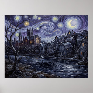 Póster Arkham Massachusetts Noche Estrellada Lovecraft Pa