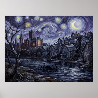 Póster Arkham Massachusetts Noche Estrellada Lovecraft Pa