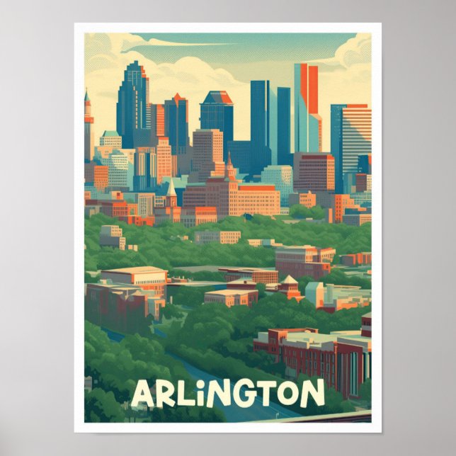 Póster Arlington Texas Art Vintage Travel Ilustracion (Frente)