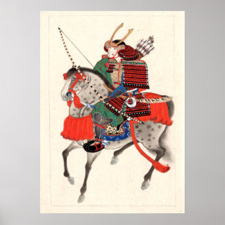 Póster armadura y casco de cuerno, Samurai a caballo