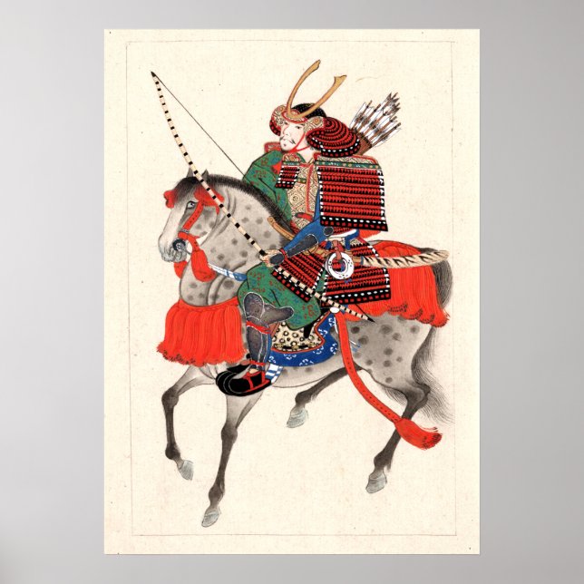 Póster armadura y casco de cuerno, Samurai a caballo (Frente)
