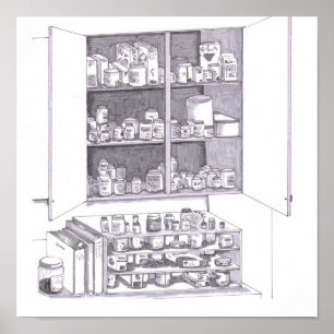 Póster Armario de cocina abierto y estantes llenos de var