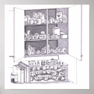 Póster Armario de cocina abierto y estantes llenos de var