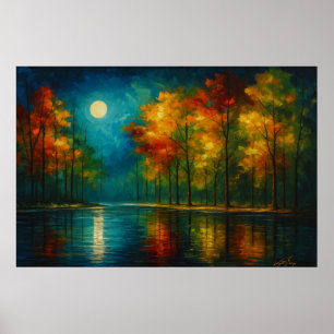 Póster Armonía a la luz de la luna: árboles coloridos y a