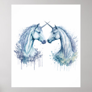 Póster Armonía doble: dos Unicornios en acuarela