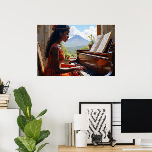 Póster Armonía floral - Mujer en Piano con Vista de la Na
