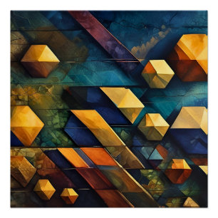 Póster Armonía Geométrica: Cubos Abstractos en Oro y Verd