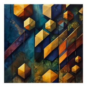 Póster Armonía Geométrica: Cubos Abstractos en Oro y Verd