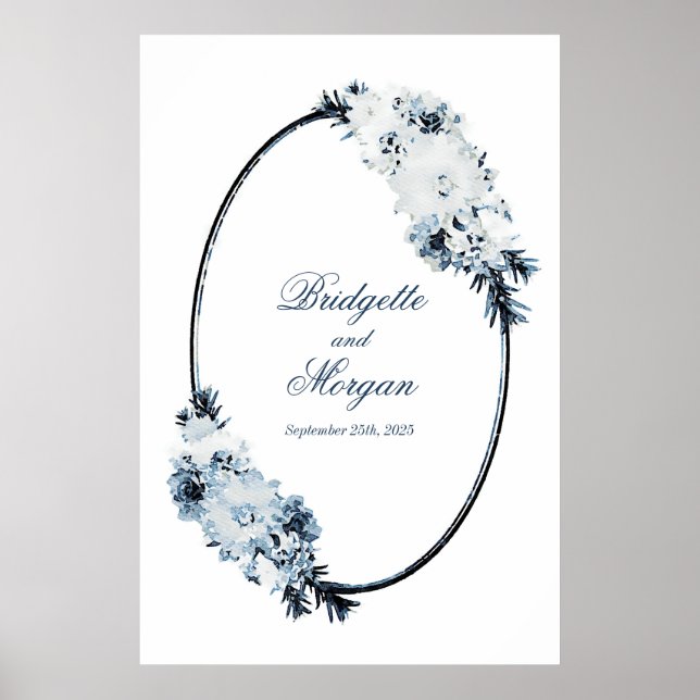 Póster Aro de boda floral azul elegante (Frente)
