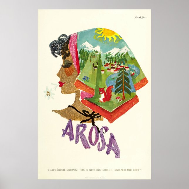 Póster Arosa,Schweiz, afiche de viaje para esquí (Frente)