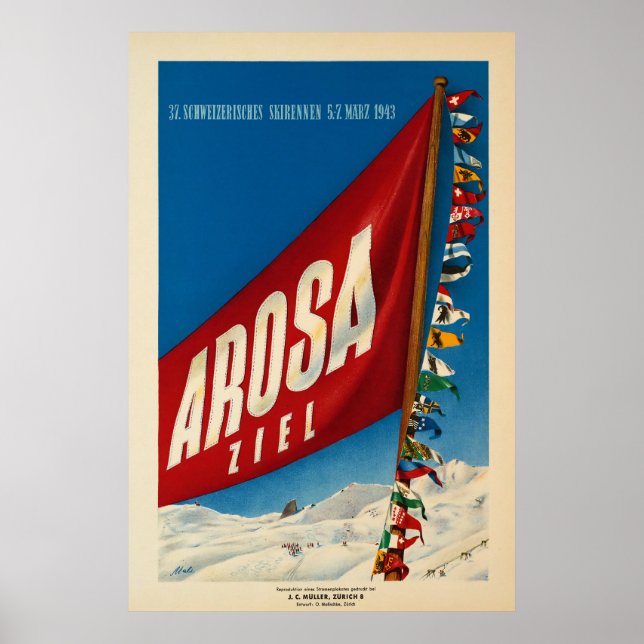 Póster Arosa, Suiza, afiche de viaje para esquí (Frente)