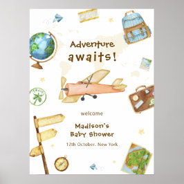 Póster Around The World Airplane Baby Shower Welcome 